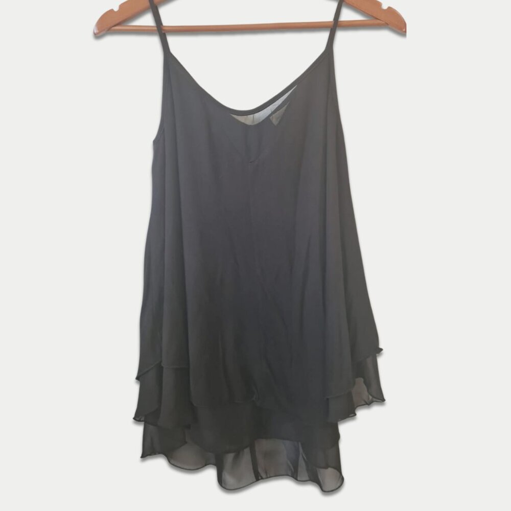 Pebble and Stone Women Black Double Layer Flared Size S Tank Top Spaghetti Strap
